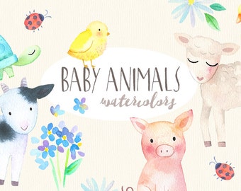 Baby Animals Watercolor Clipart | Springtime Farm Animals - Baby Pig, Lamb, Duck, Turtle - Baby Shower, Scrapbooking - Digital Download