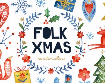 Watercolor Folk Christmas Clipart | Holiday Clipart - Scandinavian / Nordic Christmas - Red, Blue and Gold - Instant Download PNG files