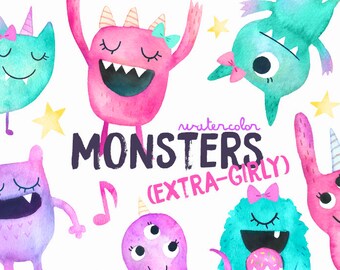 Watercolor Girly Monsters Clipart | Girl Monster Birthday Party - Cute Pink Monsters - Girly Halloween Monsters -  Instant Download PNG