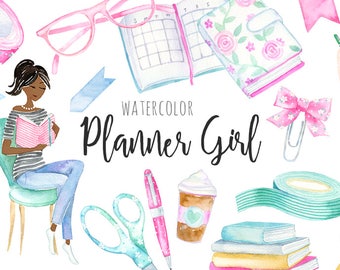 Watercolor Planner Girl Clipart | Fashion Girl Illustration - Pink and Mint Planner Clipart - Floral Office Stationery - Instant Download