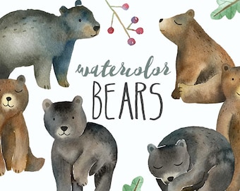 Watercolor Bears Clipart | Woodland Clipart - Mommy and Baby Bears - Brown and Black  -  - Instant Download PNG files