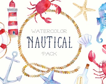 Watercolor Nautical Clipart | Ocean Clipart - Sailboat, Anchor, Rope, Seashell, Crab, Lighthouse - Wedding Invite - Instant Download PNGs