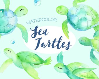 Watercolor Sea Turtle Clipart - Baby Sea Turtle Art - Blue and Green - Nursery Art - Instant Download PNG Files