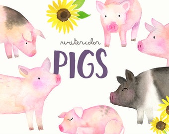 Watercolor Pigs Clipart | Pigs and Sleeping Piglet, Pink and Brown, Farm Animals - Pig Nursery Art - Baby Shower, Scrapbooking