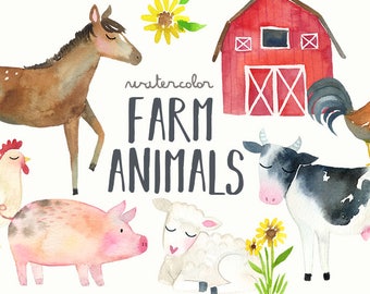 Watercolor Farm Animals Clipart | Farm Clip Art - Cow, Horse, Duck, Chicken, Rooster, Goat, Pig - Baby Shower, Scrapbooking