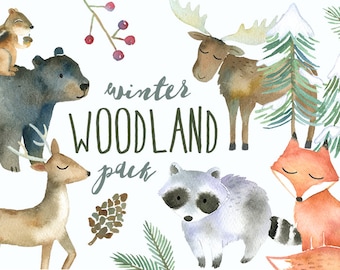 Winter Woodland Animals Clipart | Watercolor Forest Animals -  Winter Fox, Moose, Bear, Raccoon, Chipmunk, Deer Clip Art - Nursery Art