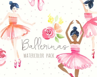 Watercolor Ballerina Clipart | Dance and Ballet Shoes Clip Art - Floral Ballerinas - Multiple Skintones - Instant Download Digital PNG Files