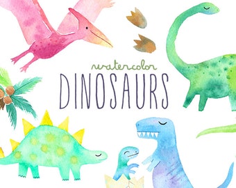 Watercolor Dinosaur Clipart | Girly Dinosaur Clip Art - Dinosaur Birthday Party - Girls Dinosaurs - T Rex, Pterodactyl - Digital PNG Files