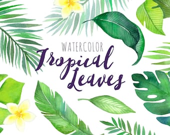 Watercolor Tropical Leaves Clipart | Palm Leaves Clipart - Summer Leaf Greenery - Wedding Invitation Clip Art - Instant Download PNGs
