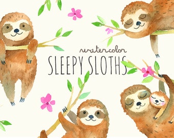 Sleepy Sloths Clipart | Baby Watercolor Sloth Clip Art - Mommy and Baby Sloth with Flowers, Watercolor Animals - Instant Download PNG files
