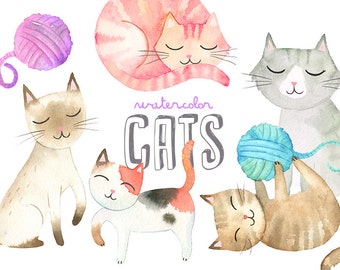 Watercolor Cats Clipart | Kitten Clip Art - Mommy and Baby Cat with Yarn, Watercolor Animals - Instant Download PNG files