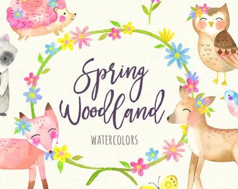 Watercolor Spring Woodland Clipart | Floral Woodland Animals - Spring Fox, Deer, Owl, Hedgehog and Raccoon - Instant Download PNG files