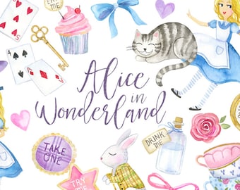 Alice in Wonderland Clipart | Watercolor Alice in Wonderland - Cheshire Cat, Tea Party - Fairytale - Instant Download PNG files