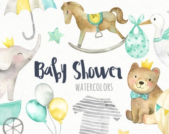 Baby-Dusche-Clipart | Geschlecht Neutral Baby-Grafik - Elefant, Bär, Wolken, Storch, Schaukelpferd druckbare Kunst - Instant Download PNGs
