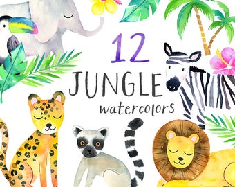 Safari Animals Clipart | Watercolor Jungle Animals Clipart - Safari Lion, Elephant, Toucan, Zebra, Leopard - Instant Download PNG Clip Art