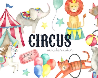 Watercolor Circus Clipart | Baby Circus Animals - Circus Tent, Elephant, Seal, Lion, and Tiger - Instant Download  Digital PNG Files