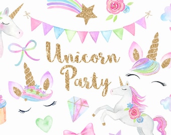 Watercolor Unicorn Face Clipart | Magical Unicorns - Kawaii Clipart - Chubby Unicorn, Stars, Clouds, Rainbows- Digital PNG Files