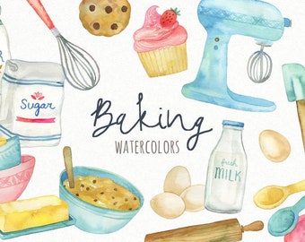 Watercolor Cooking Clipart | Kitchen Baking Clipart - Mixing Bowls, Ingredients, Utensils, Cookies, Printable Art - Instant Download PNGs