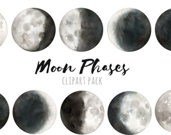 Watercolor Moon Phases Clipart - Lunar Graphics - Hand-Painted moons - Instant Download Printable Digital Clip Art