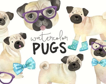 Watercolor Pugs Clipart | Dog Breed Clipart - Cute Pug with Hipster Bowtie and Glasses - Printable Instant Download PNG Files