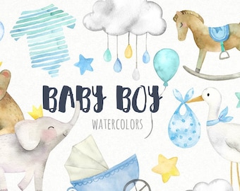 Boy Baby Shower Clipart | Baby Boy Graphics - Elephant, Bear, Crown, Stork, Rocking Horse Printable Art - Instant Download PNG files - 2