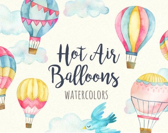 Watercolor Hot Air Balloon Clipart | Cute balloon baby shower with clouds and bird - Printable Instant Download PNGs