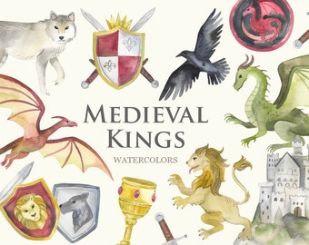 Watercolor Medieval Clipart | Thrones Clipart - Fantasy Dragons, Swords, Castle, Wolf, Crow, Crests and Shields - Instant Download PNG Files