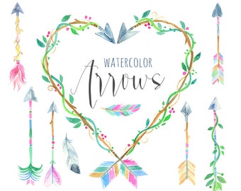 Watercolor Boho Arrows Clipart |  Woodland Arrows Clip Art - Tribal Arrows and Feathers with Heart Frame / Wreath - Instant Download PNGs