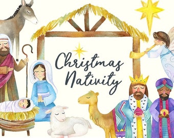 Watercolor Nativity Clipart | Christmas Nativity - Holiday Clipart - Nativity with baby Jesus, Mary, Manger, wise men and angel