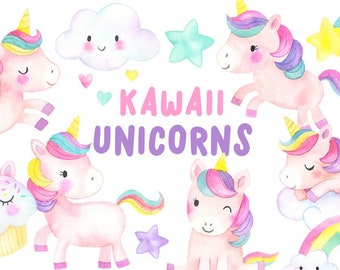 Kawaii Unicorn Clipart | Watercolor Cute Unicorns - Kawaii Clipart - Chubby Unicorn, Stars, Clouds, Rainbows- Digital PNG Files