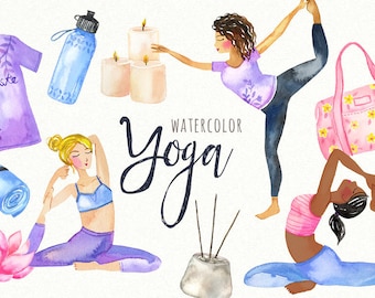 Watercolor Yoga Clipart | Zen Fitness Graphics - with Yoga Poses, Workout Gear, Yoga Mat and Candles - Instant Download PNG files