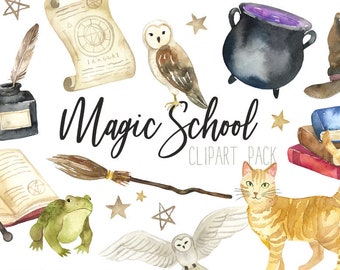 Watercolor Magic School Clipart | Witch and Wizard Supplies - Halloween Clipart, Magic Owls, Cat, Toad, Potions, Wands, and Broomstick