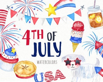 Watercolor 4th of July Clipart | Memorial Day Graphics - Patriotic Clipart - with USA, American Flag, Fireworks, Americana