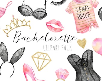 Watercolor Bachelorette Clipart - Pretty Lingerie - Bridal Shower - Wedding Party Clipart,  Pretty Underwear - Printable Digital Clip Art