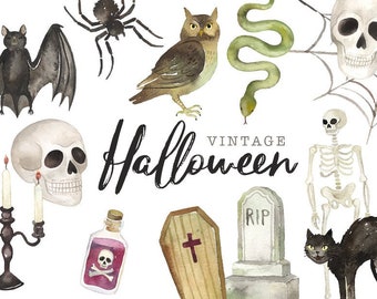 Watercolor Halloween Clipart | Vintage Halloween Graphics - Includes Skulls, Skeletons , Spiders, Snakes, Occult Books, Cats and Bats