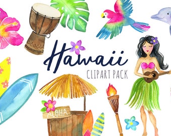 May include: Watercolor clipart pack with a Hawaiian theme. Includes images of a hula dancer, a surfboard, a tiki mask, a tropical flower, a parrot, a ukulele, a palm leaf, a drum, a beach hut, and a torch.