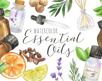 May include: Watercolor illustration of essential oils in glass bottles with droppers, featuring various herbs, spices, and citrus fruits. The text "Watercolor Essential Oils" is written in a decorative font.