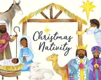 Watercolor Black Nativity Clipart | Christmas Nativity - Brown Skin - Holiday Clipart - Baby Jesus, Mary, Manger, wise men and angel