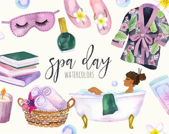 Watercolor Spa Clipart | Spa Day Beauty graphics - Bubble Bath, Towel Basket, Lotion, Robe, Beauty Supplies, Candle - Digital PNG Files