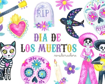 Dia De Los Muertos Clipart | Watercolor Day of The Dead - Mexican Halloween - Sugar Skulls, Sacred Heart, Skeletons, Catrina, Mariachi