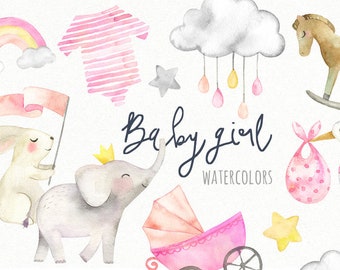 Girl Baby Shower Clipart | Pink Baby Girl Graphics - Elephant, Bunny, Rainbow, Stork, Rocking Horse Printable Art - Instant Download PNGs