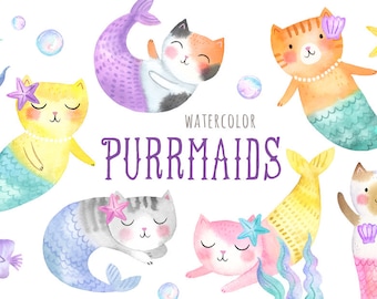 Cat Mermaid Clipart | Watercolor Purrmaid Clipart - Kawaii Mercat Clipart - Mermaid Kitty, Pastel Mermaid Cats - Digital PNG Files