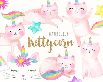 Cat Unicorn Clipart | Watercolor Caticorn Clipart - Magical Kittycorn, Unikitty - with rainbow, stars, caticorn face - Digital PNG Files