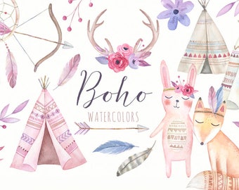 Watercolor Boho Clipart | Tribal Nursery Clipart - Boho Baby Shower - Teepee/ Tent, Bunny, Fox - Baby Nursery Art