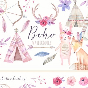 Watercolor Boho Clipart | Tribal Nursery Clipart - Boho Baby Shower - Teepee/ Tent, Bunny, Fox - Baby Nursery Art
