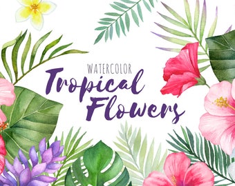 Watercolor Tropical Flowers Clipart | Hawaii Clipart - Hibiscus Flowers - Palm Leaves - Summer Beach Wedding Invite - Instant Download PNGs