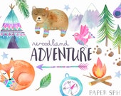Watercolor Adventure Clipart Woodland Tribal Animals Clipart - Fall Camping Graphics - Teepee Tent, Forest Bear, Fox - Baby Nursery Art