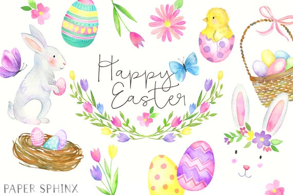 Watercolor Easter Clipart | Easter Bunny Clip Art - Spring Holiday - Easter Eggs - Pastel Clipart - Digital Instant Download PNGs
