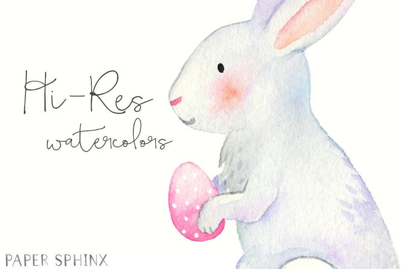 Pode incluir: Uma ilustra&ccedil;&atilde;o em aquarela de um coelho branco segurando um ovo de P&aacute;scoa rosa com bolinhas brancas. O coelho tem o nariz rosa e uma orelha rosa. O texto "Hi-Res watercolors" est&aacute; escrito em preto no topo da imagem. O texto "PAPER SPHINX" est&aacute; escrito em preto na parte inferior da imagem.