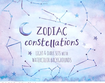 Watercolor Stars Clipart - Zodiac Constellations - Astrology Elements - Dark and Light Backgrounds - Digital Instant Download PNG Files